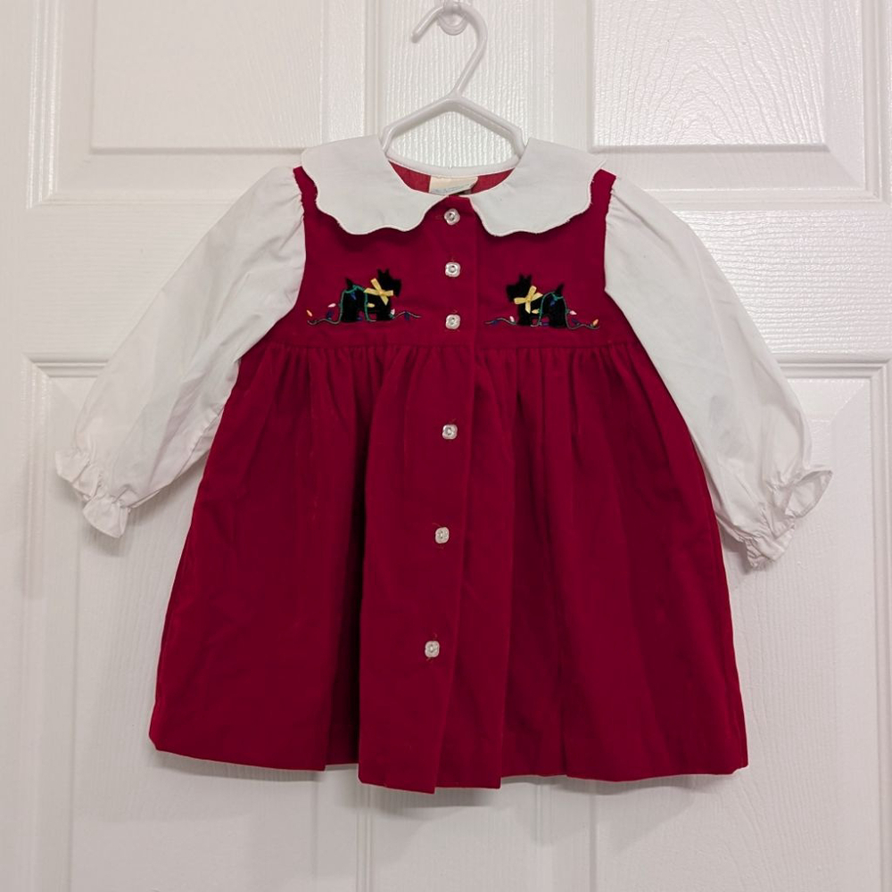 Vintage Girls OshKosh B'gosh Christmas Red Velvet Dress 18mos Scottie Dog